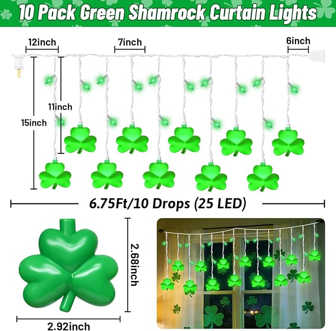 25 LED Green Shamrock Icicle Lights, 6.75FT St. Patricks Day Lights Curtain String Lights with 10 Shamrock & 25 LED Light for Lucky Clover St Patrick's Decorations Indoor Home Window Proch Party Decor