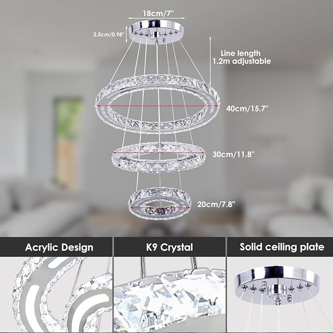 CXGLEAMING Chandeliers Modern Ceiling LED Fixture 3 Rings Adjustable Crystal Light Fixture Ceiling Hanging Pendant Light for Living Room Dining Bedrooms Hall 180mm Base 153 Crystals（White Light）