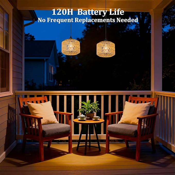 Battery Operated Outdoor Chandelier, Battery Power Hanging Pendant Lights, Woven Rattan Gazebo Light Outdoor Waterproof, for Gazebo, Pergola, Porch, Indoor Outdoor Decor Lighting (7.8")