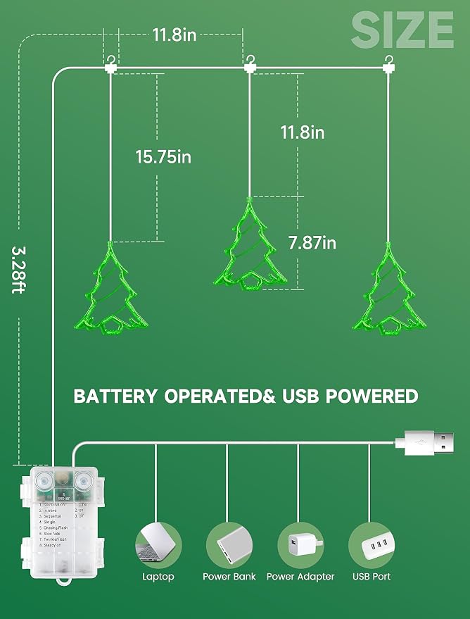 Christmas Window Lights,3 Pack 30LED Green Christmas Tree Light Battery Powered,Timer Memory Hanging Silhouette Xmas Twinkle Light 8 Mode for Wall,Bedroom,Indoor Outdoor Christmas Decoration