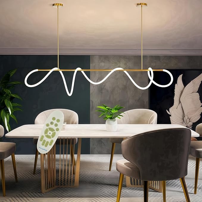 78" Pendant Lights Kitchen Island, 41W LED Dimmable Chandelier with Remote Control, Aluminum Linear Hanging Light Fixture for Dining Room Kitchen Island Bar (Gold, 78 in)