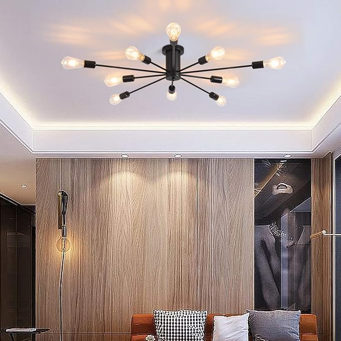 Garwarm Semi Flush Mount Ceiling Light, 10-Light Modern Black Sputnik Chandelier Industrial Ceiling Lamp for Kitchen Dining Room Living Room Bedroom Foyer Lighting Fixture