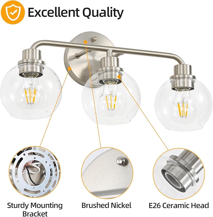 3 Light Bathroom Vanity Light Fixtures, Brushed Nickel Vanity Lights with Clear Globe Glass Shades, Modern Bathroom Lights Wall Sconce Wall Lamp for Mirror Living Room Kitchen Bedroom Hallway