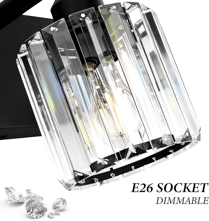 Black Crystal Bathroom Vanity Light, 3-Light Modern Bathroom Lighting Fixtures Over Mirror, Matte Black Wall Sconce Light Fixtures with Round Shade