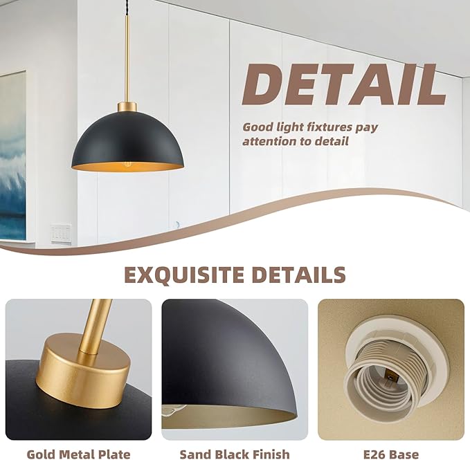 12 Inch Black and Gold Dome Pendant Light, Farmhouse Kitchen Island Lighting, Industrial Light Fixture for Dining Room Entryway Hallway, Height Adjustable