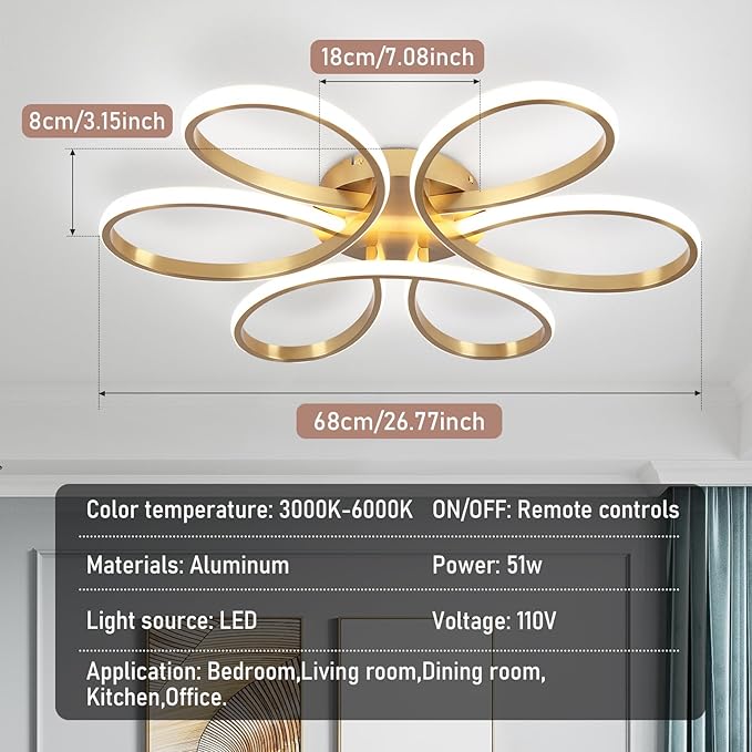 26inch Modern LED Ceiling Light, 6 Rings Flower Flush Mount Light Fixture with Remote Control Gold Dimmable Ceiling Lamp for Bedroom, Dining Room, Hallway, Kitchen