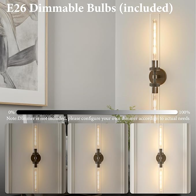 Knurled Brass Bathroom Wall Sconce - Set of 2 Luxury Brushed Antique Gold Sconces - Modern Linear Tube Vanity Lights Fixture with Clear Glass - Dimmable Indoor Lighting for Bedroom Living Room Decor