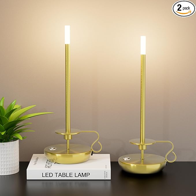 2 Pack 3000K Cordless LED Table Lamp, Battery Powered Stepless Dimmable Rechargeable Table Lamp for Dinner/Dining/Bedroom/Bar/Camping(Gold)