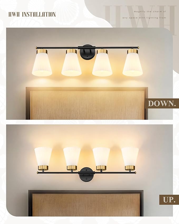 4-Light Bathroom Light Fixture, HWH 32 Inch Vanity Lights Over Mirror, Modern Sconce Wall Lighting with Frosted Milk White Striped Glass, Black and Gold Finish, 5HZG97B-4W BK+BG