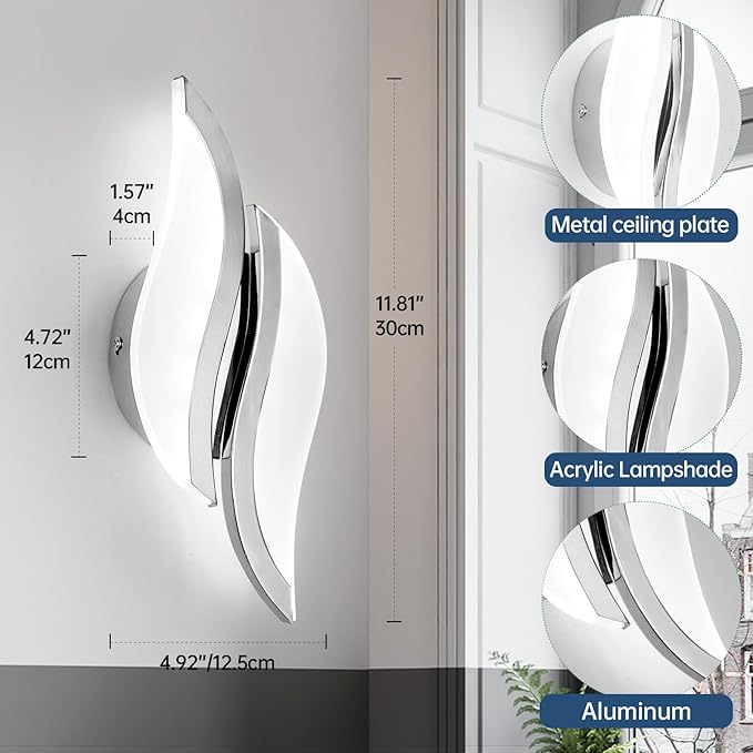 CANEOE Modern LED Wall Sconce 6000K Chrome Indoor Wall Light Fixtures Acrylic Wall Sconce Lighting for Living Room Bedroom Bedside Bathroom Hallway Stairway Wall Lamp (Chrome, 2 Packs, 6000K)