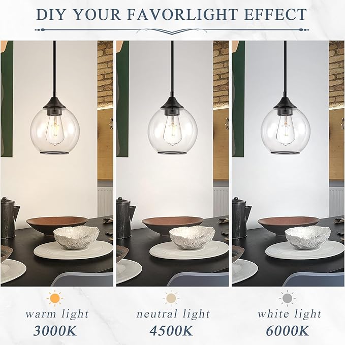 Pendant Lights Kitchen Island,Farmhouse Black Pendant Light with Clear Glass Globe Shade,6.29" Glass Pendant Light for Finish Farmhouse Entryway Dining Room Kitchen Island 1 Light