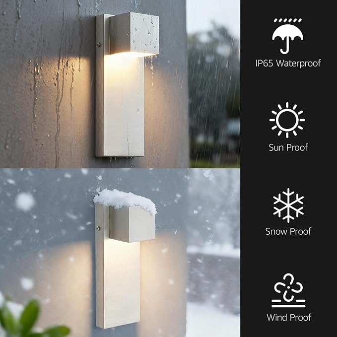 2 Pack 13" Modern Outdoor Led Wall Light,16W 3000K 1200Lumen Porch & Patio Hardwired Wall Mount Wall Sconces,Exterior IP65 Waterproof Aluminum Wall Lamp for Front Door Garage Garden(Nickel)