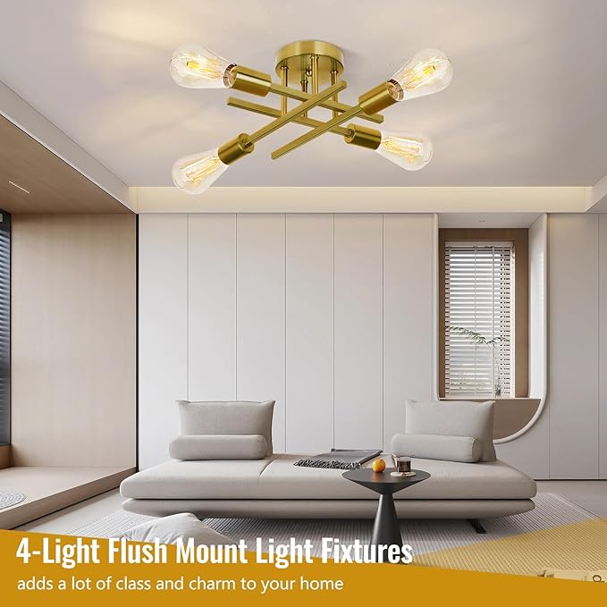 Ceiling Light, Dining Room Light Fixture with E26 Base, Semi Flush Mount Ceiling Light Fixture, Kitchen Lighting Fixtures Ceiling, 4-Light Matte Gold Chandelier for Bedroom