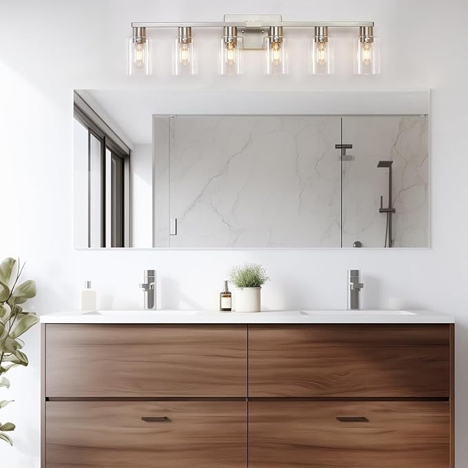6 Light Bathroom Light Fixtures, Bathroom Vanity Light with Clear Glass, Brushed Nickel Bathroom Lighting Fixtures over Mirror, Large Vanity Lights for Bathroom, Vanity Lights for Mirror, Wall Sconce