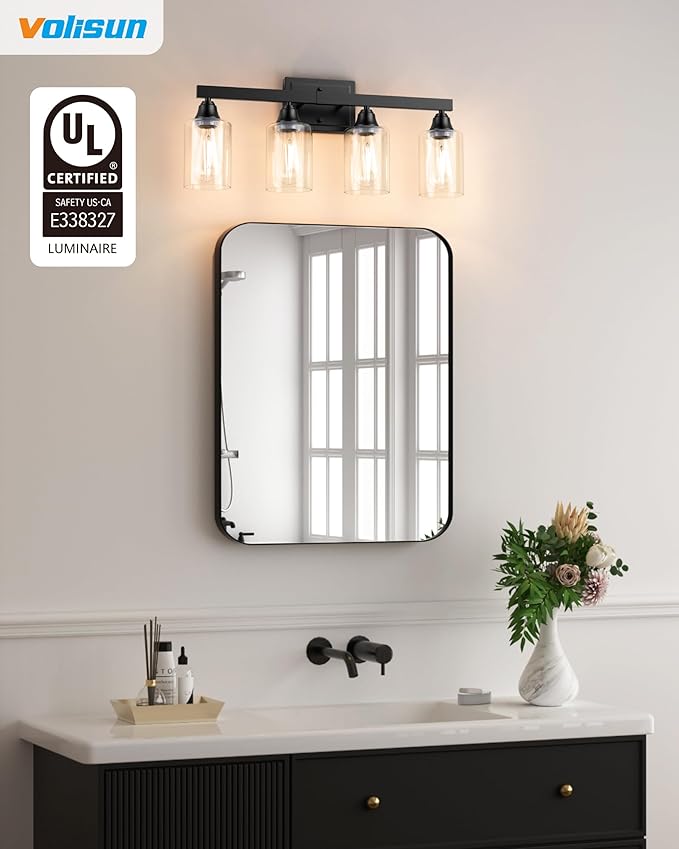 VOLISUN Matte Black Bathroom Light Fixtures, 4-Light Bathroom Vanity Light Over Mirror, Modern Vanity Lights for Bathrooms, Bathrooms Lights Fixtures Over Mirror with Clear Glass Shades
