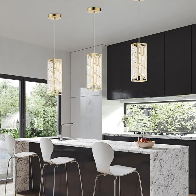Brass Pendant Lights Modern Pendant Light Fixture, Mini Crystal Pendant Ceiling Light, Pendant Light for Kitchen Island, Dinning Room, Bedroom, Kitchen Sink Lighting (2-Pack)