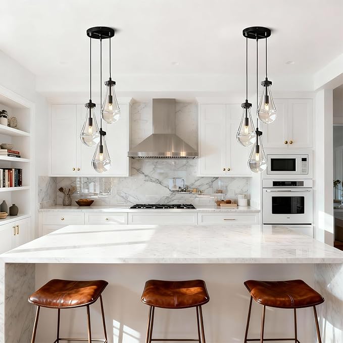 Raindrop Pendant Light Kithcen Island, Raindrop Chandelier Black Teardrop Pendant Lights with Adjustable Hanging Rope,Glass Pendant Light for Dining Room,Corridor (3-Light),Bulb Included