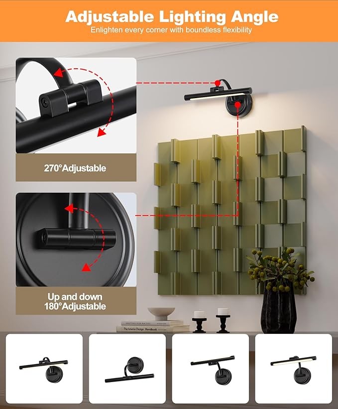 Tassuowell Rechargeable Picture Light for Wall, Cordless Art Lights Battery Operated, Dimmable Wall Light with Remote & Timer, 3 Color Modes for Paintings, Gallery, Artwork(Black, 12inch)