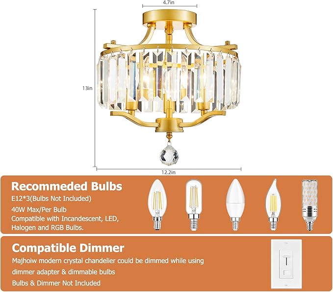 12.2'' Modern Gold Crystal Ceiling Light Fixture Farmhouse 3-Light Semi Flush Mount Drum Chandelier for Dining Room, Bedroom, Kitchen, Hallway, Entryway, Foyer, E12 - MJ055GD