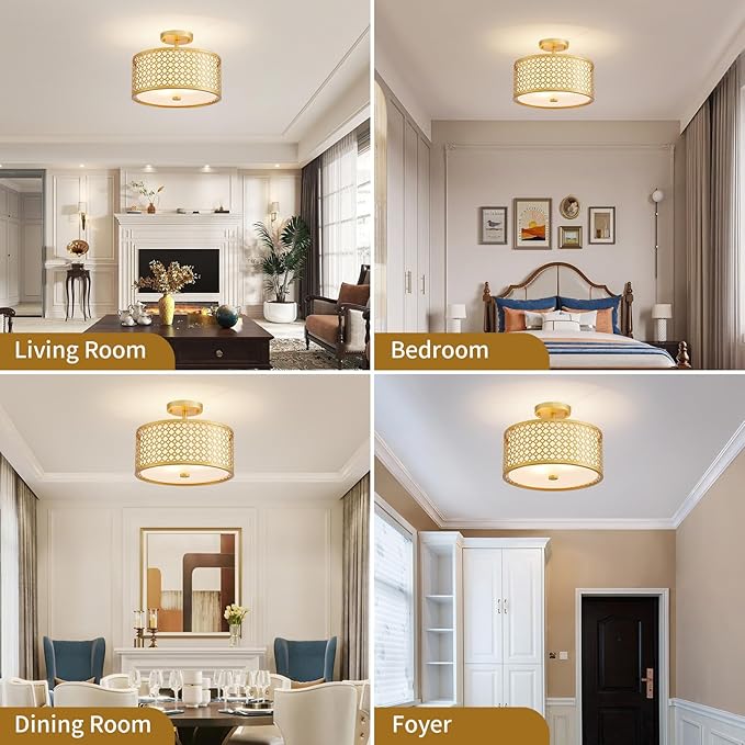 Farmhouse Drum Ceiling Light, 2-Light Mid-Century Modern Semi-Flushmount Light Fixture for Bedroom, Entryway, Kitchen, D13xH9inch, Gold Finish Patterned Lampshade & White Fabric Inner Shade