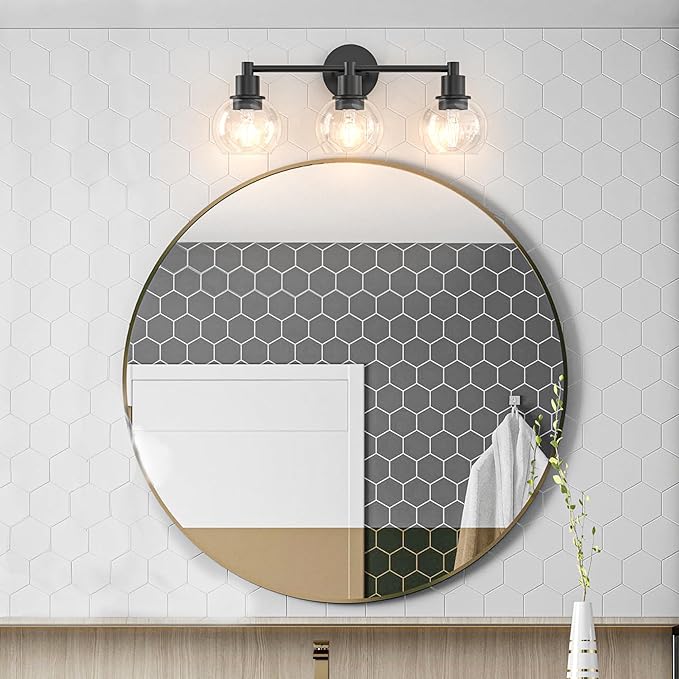 Espird 3 Lights Bathroom Vanity Light Fixtures Black, Bathroom Lights Over Mirror, Industrial and Farmhouse 3 Lights Wall Sconce, Matte Black Globe Vanity Lighting Fixtures