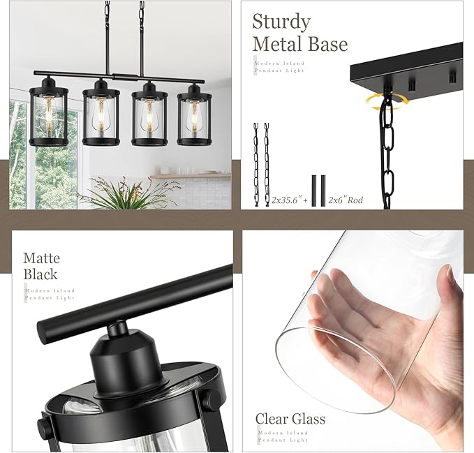4-Light Kitchen Island Lighting, Black Linear Dining Room Light Fixtures with Clear Glass and Chain, Modern Farmhouse Chandelier Pendant Light for Kitchen Island Dining Room, OS-3014-4ISBK