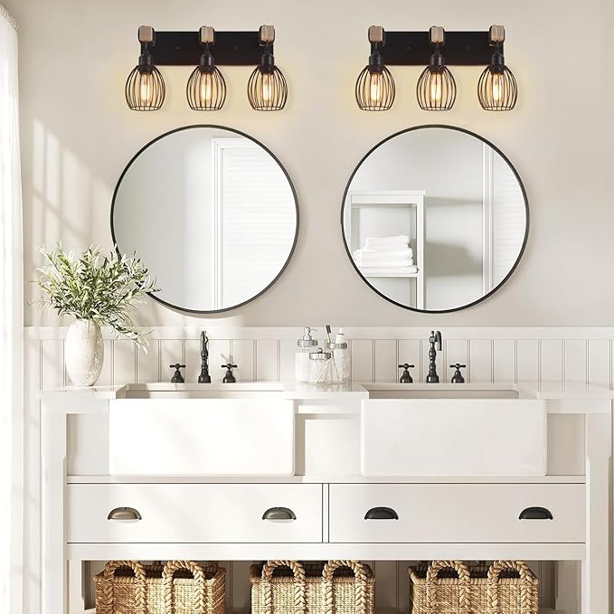 Farmhouse Bathroom Vanity Light, 3-Light Rustic Wood Bathroom Lighting Fixtures Over Mirror, Industrial Black Vanity Lights with Elegant Teardrop Lampshade for Bedroom Living Room Hallway