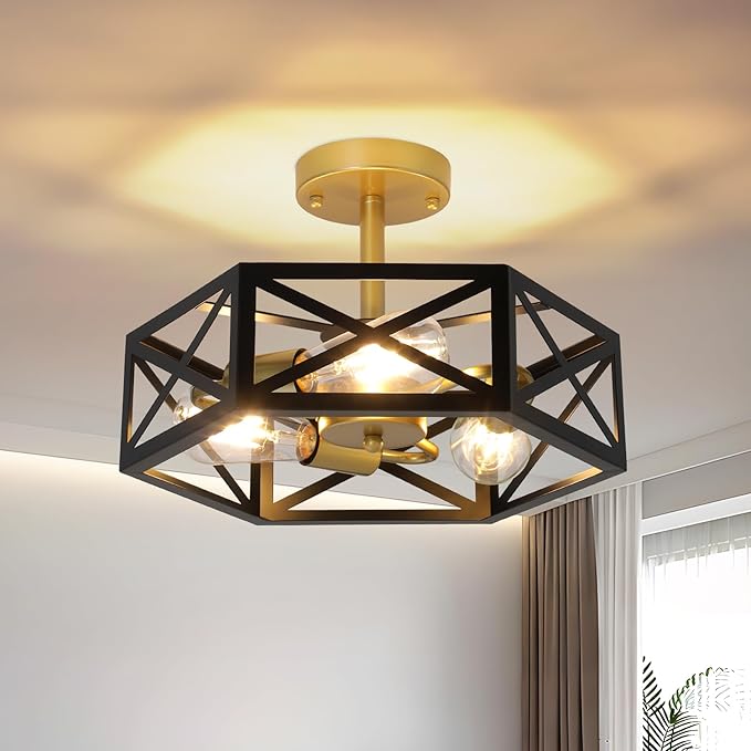 Farmhouse Light Fixtures Ceiling Mount 3-Light E26 Black Gold Semi Flush Mount Ceiling Light Fixture, Industrial Rustic Close to Ceiling Hallway Lights for Bathroom Entryway Kitchen