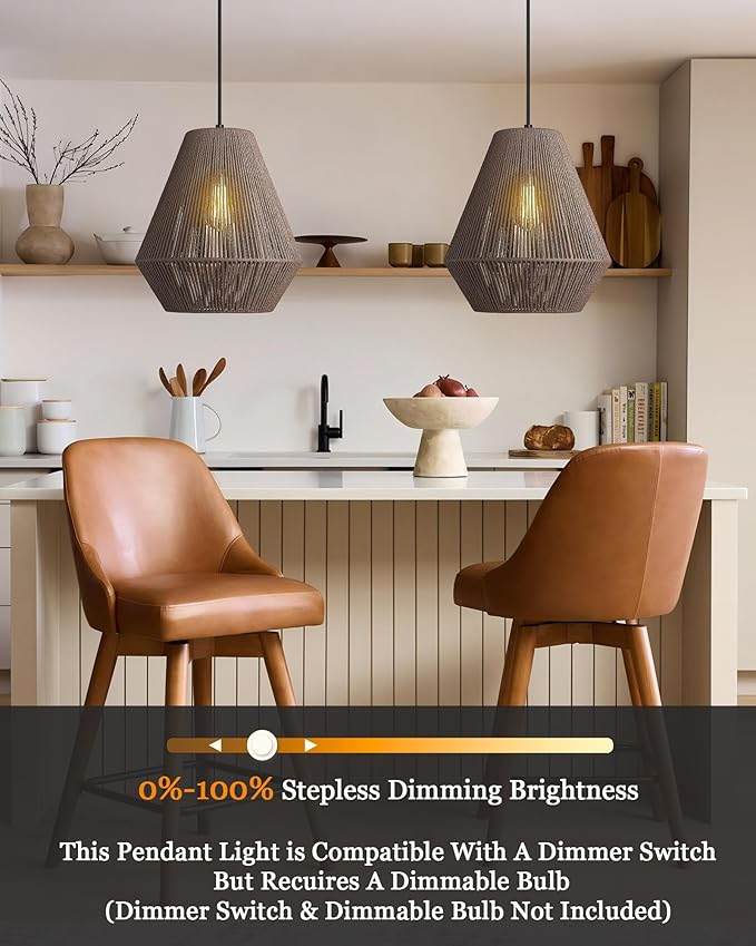 ELYONA 12” Woven Pendant Light for Kitchen Island Farmhouse Boho Hanging Lamp with Handwoven Rattan Basket Shade Adjustable Pendant Light Fixtures for Dining Room Bar Bedroom Foyer Hallway Dark Brown
