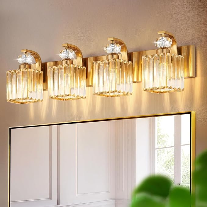Modern Bathroom Vanity Light, 4-Light Gold Bathroom Lighting Fixtures Over Mirror, 28.4" Crystal Wall Light Sconce for Bathroom/Bedroom/Vanity, Includes LED Bulbs, Easy Installation