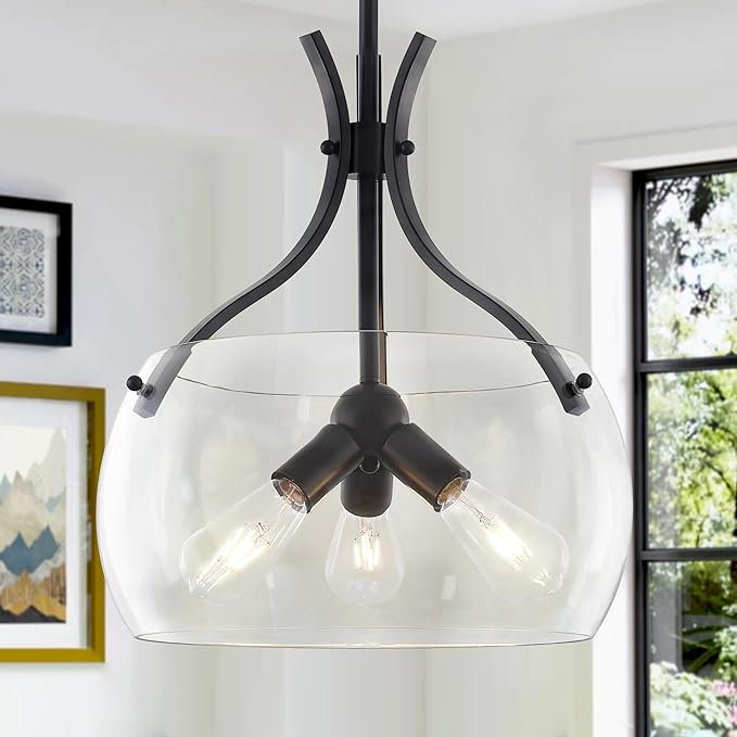 15.7" Glass Chandelier,3-Light Modern Black Chandelier with Clear Glass Shade,Farmhouse Round Hanging Light Fixture for Dining Room Kitchen lsland Hallway Foyer