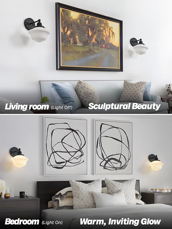 Black Wall Sconce Minimalist Vintage Bathroom Wall Sconce Light with Frosted Milk Glass Farmhouse Bathroom Vanity Lights for Living Room Bedroom Hallway E26 Hardwire