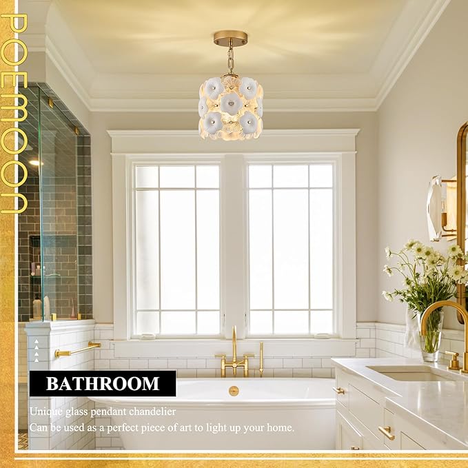 3-Pack Flower Small Pendant Lighting Gold Glass Pendant Light with White Ceramic Flowers Modern 1-Light for Kitchen Island Sink Dining Room Entryway Hallway, E26