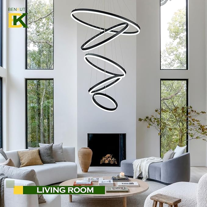 Benkut 5 Rings D31.5 Modern LED Chandelier Black Large Dimmable Circular High Ceiling Chandeliers with Remote Control for Foyer Dining Room Living Room Staircase Villa, 3000K-6500K CCT