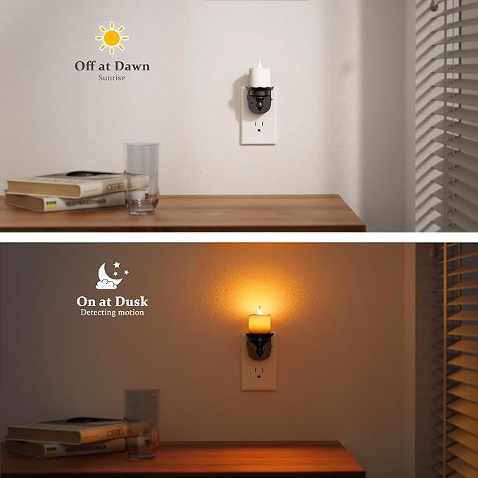 JandCase Night Lights Plug into Wall, 2 Pack Flameless Flickering Electric Fake Candle Night Light with Dusk to Dawn Sensor, 3000K Soft White, 0-100LM Dimmable Nightlight for Bathroom Bedroom Hallway