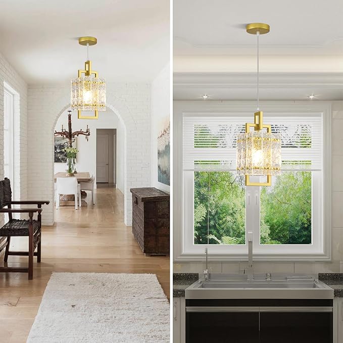 Gold Pendant Light Fixture - Modern Kitchen Island Water Ripple Glass Square Light - Adjustable Hanging Lighting for Kitchen Dining Room Over Island - 2 Pack