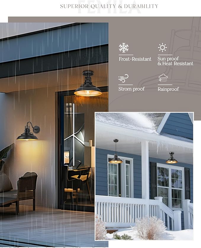 FEMILA Industrial Semi Flush Mount Ceiling Light, Outdoor Flush Mount Porch Light in Matte Black & Gold, 12" Farmhouse Front Porch Ceiling Lighting Fixture for Entryway, Hallway, Kitchen, 4FY15-F BK-1