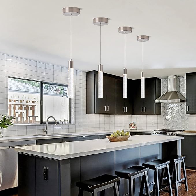Modern Pendant Light with Adjustable Height - 3PCS Brushed Nickel & Clear Glass Cylinder Island Lights, 3000-6000K Dimmable Kitchen Pendant Lighting for Kitchen Island, Dining Room, Bar Counter