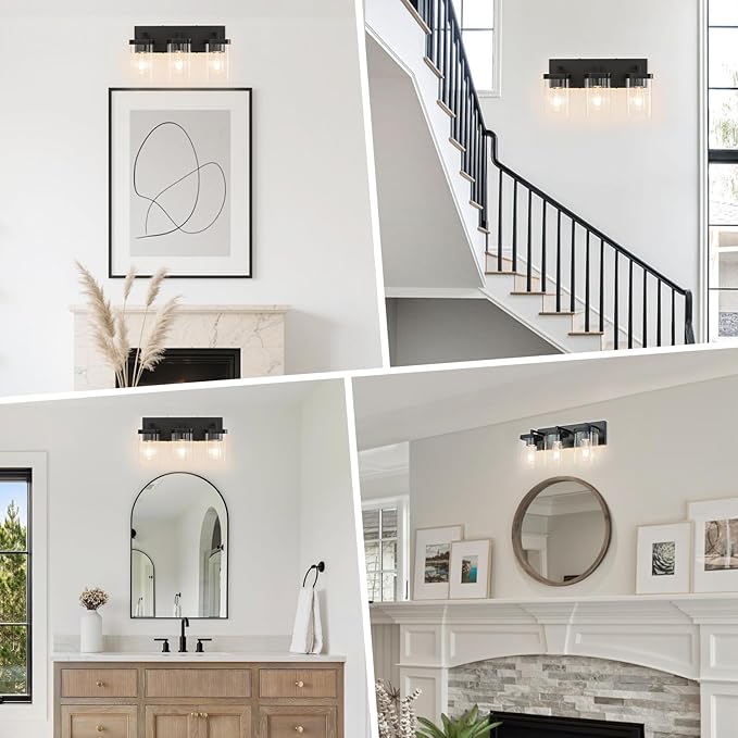 3-Light Bathroom Lighting Fixtures over Mirror, Matte Black Vanity Lights with Square Transparent Glass Shade, Modern Bathroom Vanity Light for Mirror Kitchen, Living Room, Gallery, Hallway