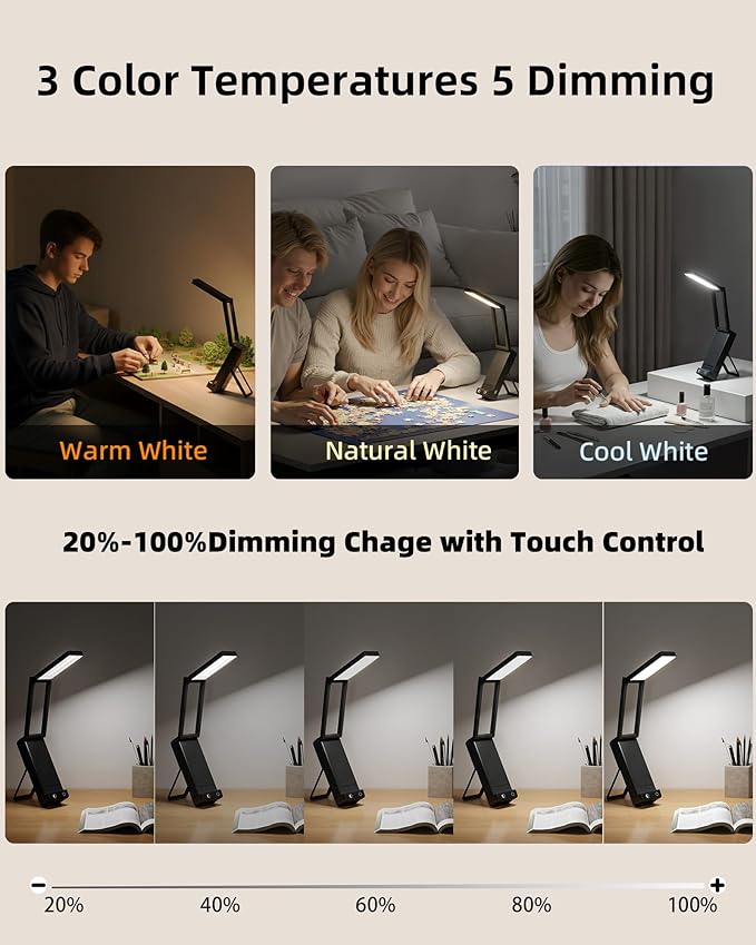EZVALO LED Rechargeable Desk Lamp, 6000mAh Battery Operated Light, Cordless Table Lamp for Book Reading, Foldable Mini Lamp & Portable, 3 Color Dimmable Small Wireless Reading Lamp, Black