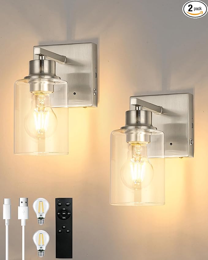 Rayogale Wireless Wall Sconces, Nickel Battery Operated Wall Sconce Set of 2 with Timer Function, Easy Install Dimmable Rechargeable Wall Lamps for Living Room, Bedroom, Hallway, Entryway Decor 3000K