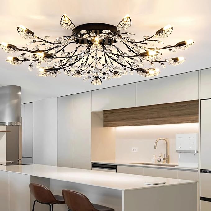 Crystal Ceiling Light Fixture Semi Flush Mount Ceiling Light Fixture Black Leaves Chandeliers Lighting for Bedroom Living Room Dining Room Kitchen Hallway Foyer