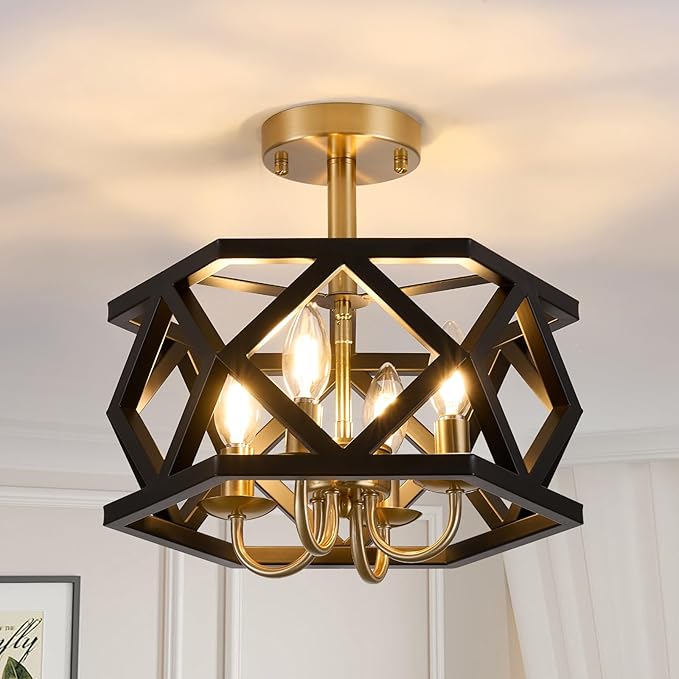 Black and Brushed Gold Semi Flush Mount Ceiling Light, Farmhouse Modern Light Fixture, 4-Light Metal Hallway Ceiling Lamp, Small Chandelier for Foyer Entryway Porch Bedroom Kitchen, E12 Base