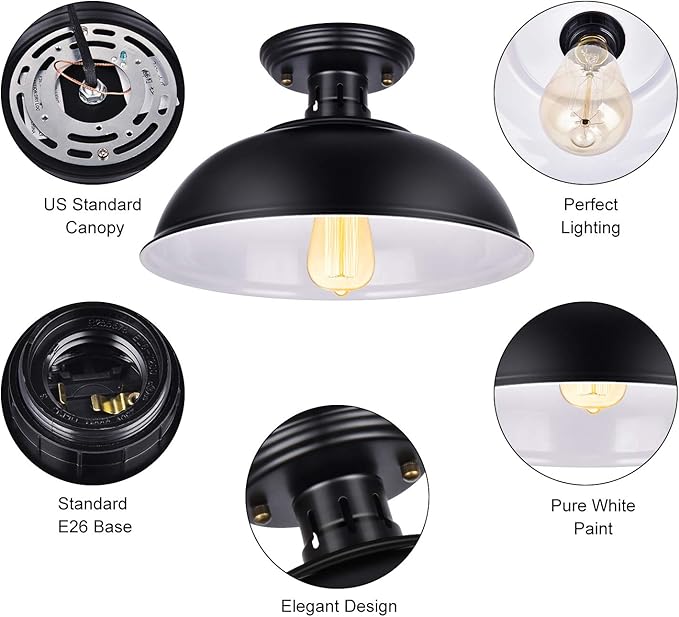 Vintage Rustic Semi Flush Mount Light, Farmhouse Black Ceiling Fixture, Industrial Lights for Hallway, Stairway, Foyer, Kitchen, Porch, Entryway (2 Pack)