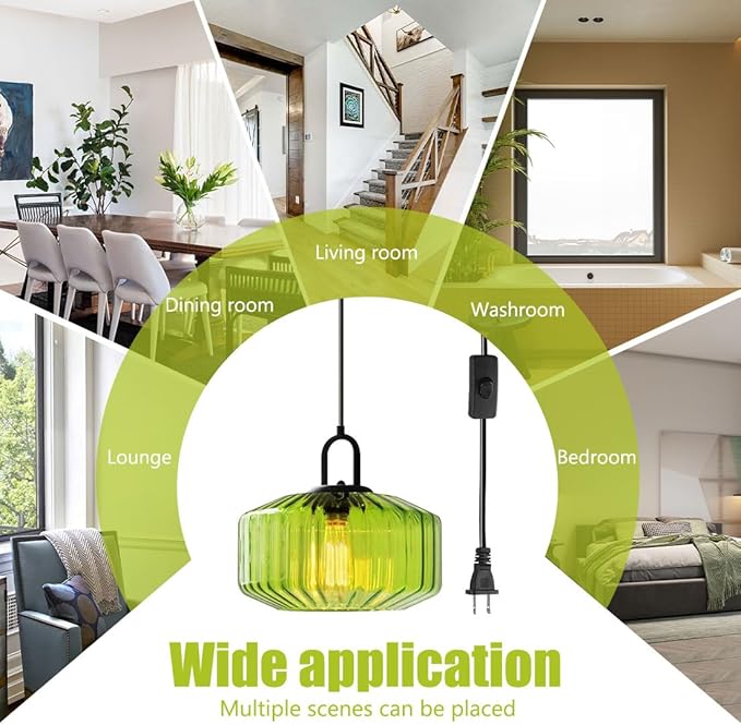 Plug in Pendant Light Green Glass Pendant Lamp Plug in Pendant Light Fixtures Mid Century Modern Hanging Lamp with Cord On/Off Switch Striped Glass Swag Light Dining Room Ceiling Lamp