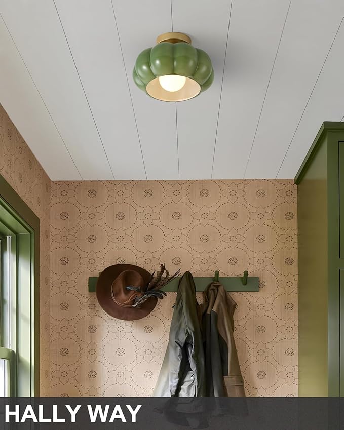 Vintage Semi Flush Mount Ceiling Light,Mid Century Modern Ceiling Light Fixtures,10 Inch Green Glass Shade with a Gold Base,for Bedroom, Kitchen, Hallway, Entryway, and Balconie