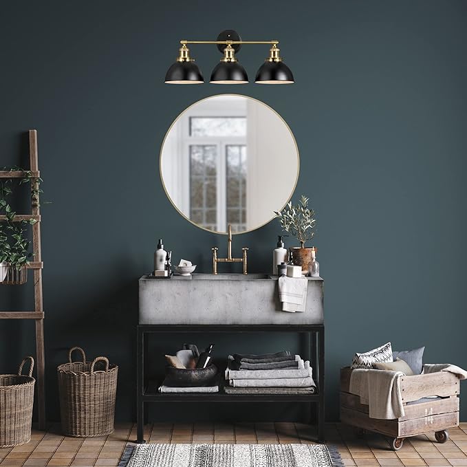 Design House Savannah Rustic Farmhouse 3-Light Bathroom Vanity Light, Dimmable, Satin Gold, Matte Black Metal Shade, 26 in x 9 in x 10.88 in, 588301-BGD