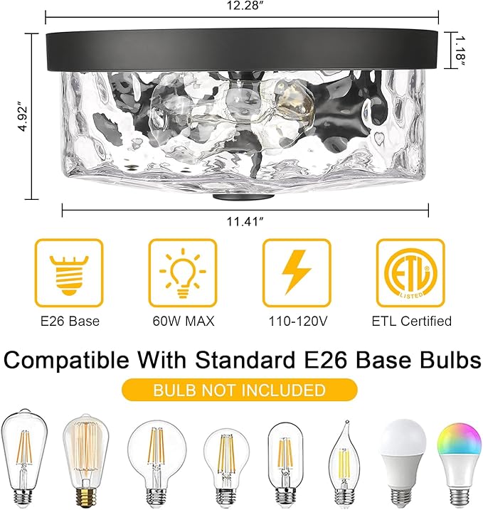 Flush Mount Ceiling Light with Water Ripple Glass Shade, Modern 2-Light Ceiling Lighting for Kitchen Living Room Porch Hallway, Industrial Black Ceiling Lamp for Lighting and Decoration