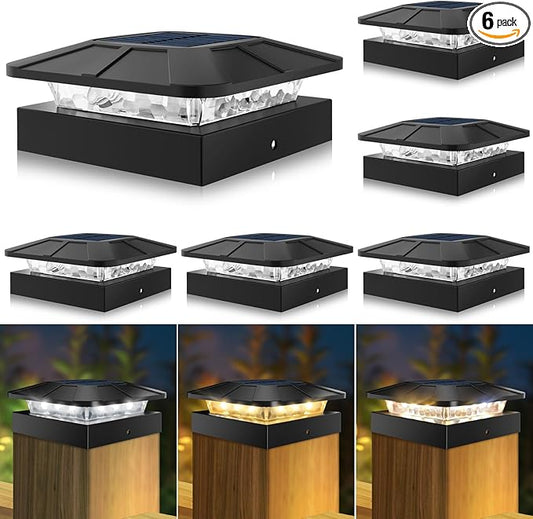 Peasur 6 Packs 4x4 Post Solar Lights with 3 Modes, Waterproof LED Solar Cap Lights for 4×4/3.5×3.5 Wood/Vinyl Posts, Post Top Lighting Outdoor for Fence Deck Mailbox Porch Railing