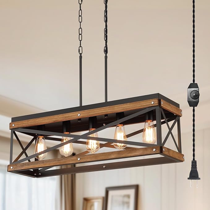 Rustic Farmhouse Plug in Kitchen Island Lighting, 5 Lights Rectangular Pendant Light Fixture with Adjustable Chain, Dimmable Switch, Oak Wood and Metal Linear Chandelier for Dining Room Home, Black